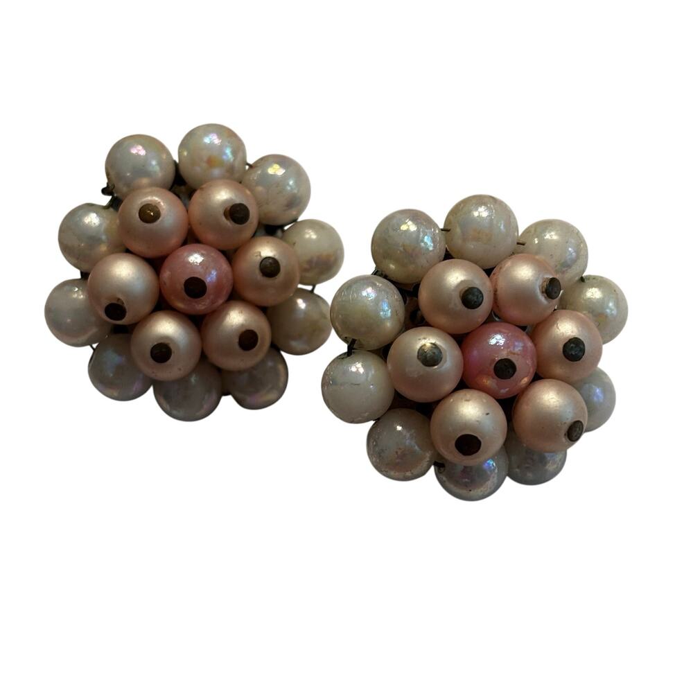 Vintage mid century clip on earrings faux pearl clusters pink & white Japan